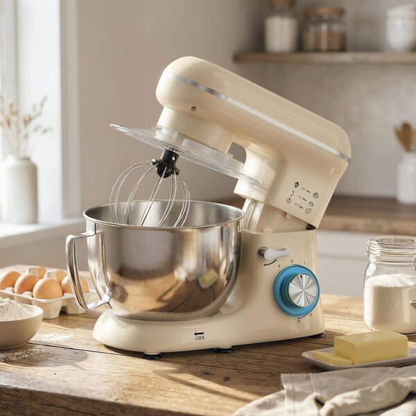 HOMCOM Impastatrice planetaria 4,5 L 1300 W 6 velocità Ciotola in acciaio inox Frusta Gancio Mescolatore Beige | Aosom Italy