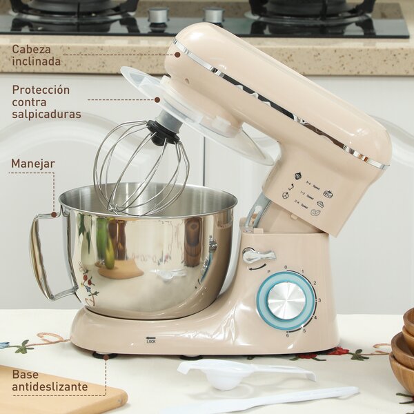 HOMCOM Impastatrice planetaria 4,5 L 1300 W 6 velocità Ciotola in acciaio inox Frusta Gancio Mescolatore Beige | Aosom Italy