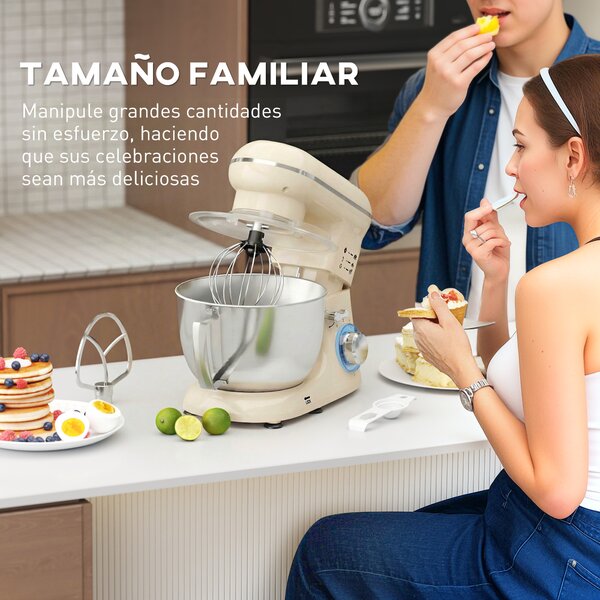 HOMCOM Impastatrice planetaria 4,5 L 1300 W 6 velocità Ciotola in acciaio inox Frusta Gancio Mescolatore Beige | Aosom Italy