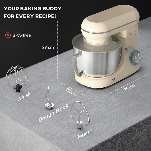 HOMCOM Impastatrice planetaria 4,5 L 1300 W 6 velocità Ciotola in acciaio inox Frusta Gancio Mescolatore Beige | Aosom Italy