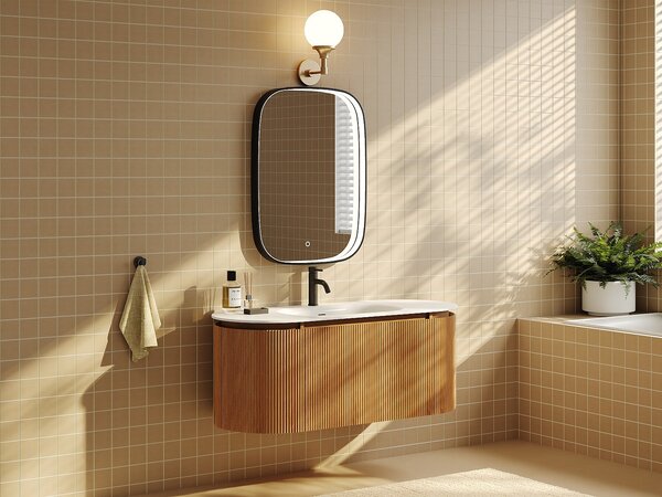 Mobile bagno sospeso scanalato in legno di frassino con lavabo da incasso in resina bianco opaco Naturale chiaro L120 cm - LILIKO