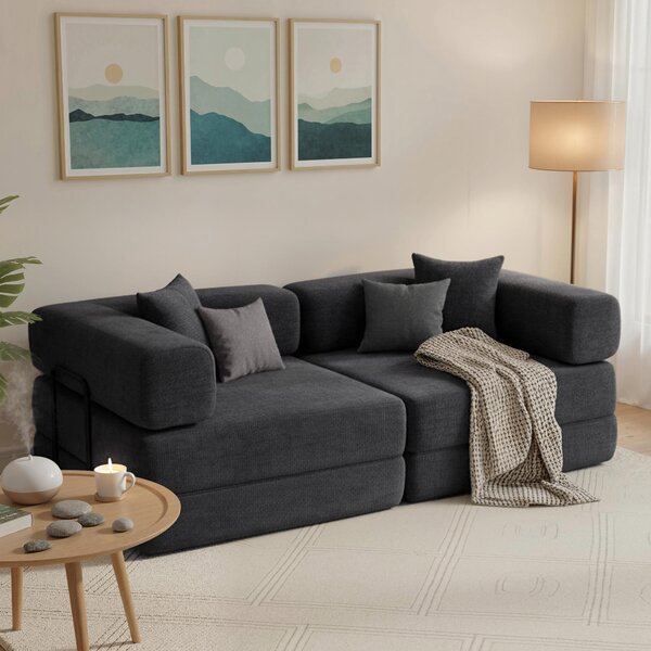 HOMCOM Divano Letto 2 Posti Pieghevole Rivestito in Chenille con Imbottitura Spessa Braccioli Larghi 2 Cuscini Grigio Scuro | Aosom Italy