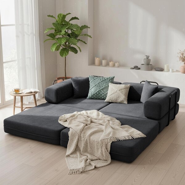 HOMCOM Divano Letto 2 Posti Pieghevole Rivestito in Chenille con Imbottitura Spessa Braccioli Larghi 2 Cuscini Grigio Scuro | Aosom Italy