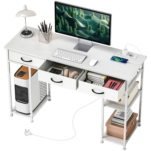 HOMCOM Scrivania con contenitore e prese, 3 cassetti in tessuto e 4 ripiani, 120 x 40 x 76 cm, Bianco | Aosom Italy