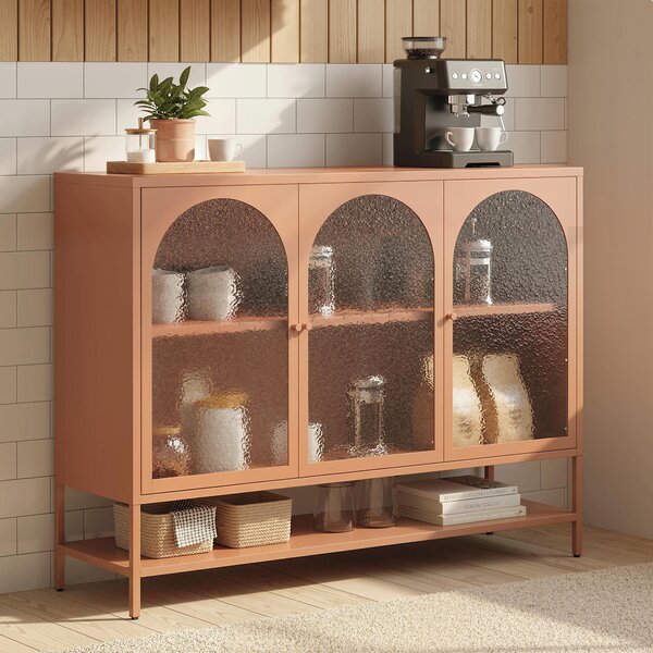 HOMCOM Buffet soggiorno, mobile contenitore con 3 ante vetrate ad arco e ripiano aperto, 140 x 40 x 105 cm, verde chiaro | Aosom Italy