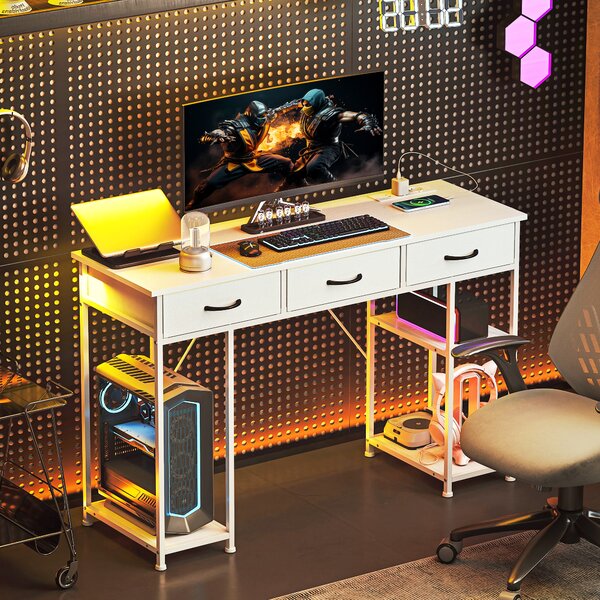 HOMCOM Scrivania con contenitore e prese, 3 cassetti in tessuto e 4 ripiani, 120 x 40 x 76 cm, Bianco | Aosom Italy