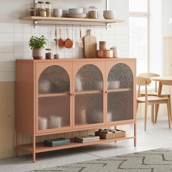 HOMCOM Buffet soggiorno, mobile contenitore con 3 ante vetrate ad arco e ripiano aperto, 140 x 40 x 105 cm, verde chiaro | Aosom Italy