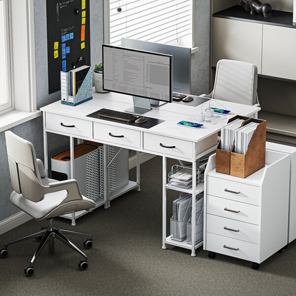 HOMCOM Scrivania con contenitore e prese, 3 cassetti in tessuto e 4 ripiani, 120 x 40 x 76 cm, Bianco | Aosom Italy
