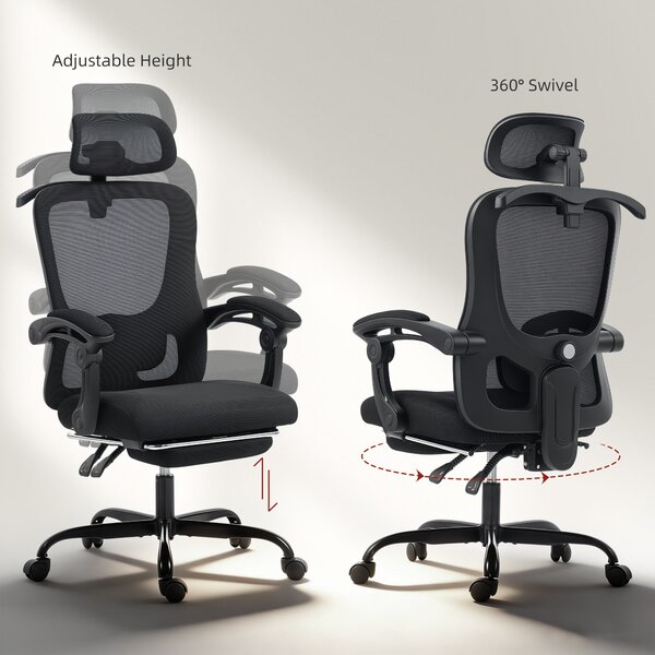 HOMCOM Sedia da ufficio ergonomica, poltrona da ufficio in rete con poggiatesta regolabile, supporto lombare, 64x64x124cm, nero | Aosom Italy