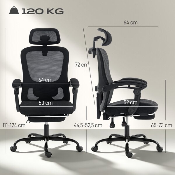 HOMCOM Sedia da ufficio ergonomica, poltrona da ufficio in rete con poggiatesta regolabile, supporto lombare, 64x64x124cm, nero | Aosom Italy