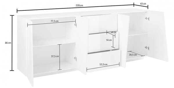 Credenza bianco lucida 220x43x86h cm 4 ante e 3 cassetti - Ayrton