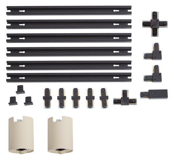 Sistema di illuminazione a binario moderno nero con 2 faretti beige monofase - Iconic Rondoo Up