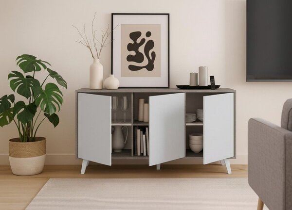 Credenza grigia chiaro e bianca porta piatti 153x39x72h cm 3 ante - Annina