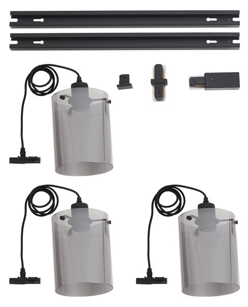 Sistema a binario monofase moderno nero con 3 lampade a sospensione in vetro fumé - Iconic Dome