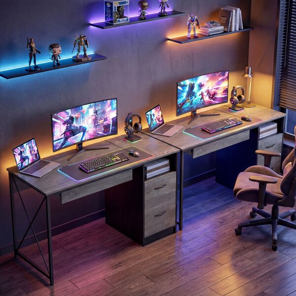 HOMCOM Scrivania gaming 120×50cm tavolo gaming industriale con vassoio tastiera, scomparto aperto e 2 cassetti, grigio | Aosom Italy