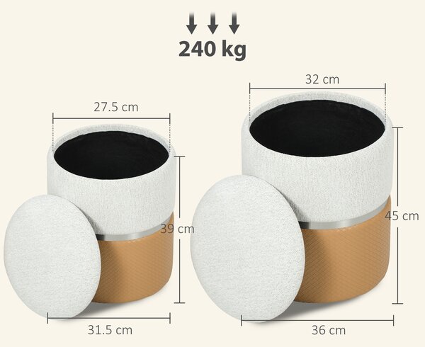 HOMCOM Set da 2 Pouf Contenitore Rivestiti in Ciniglia e PU Seduta Imbottita per Corridoio Camera Marrone e Crema | Aosom Italy