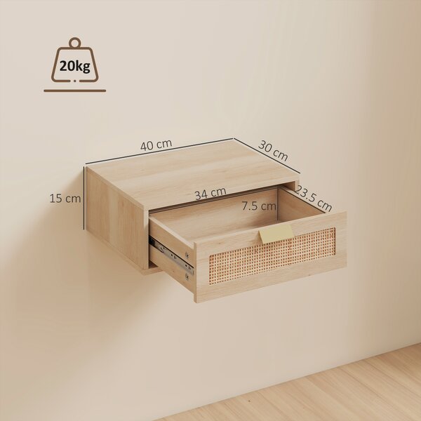 HOMCOM Set di 2 comodini da parete, comodini sospesi con cassetto effetto rattan, 40 x 30 x 15 cm, rovere | Aosom Italy