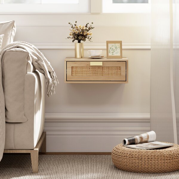 HOMCOM Set di 2 comodini da parete, comodini sospesi con cassetto effetto rattan, 40 x 30 x 15 cm, rovere | Aosom Italy