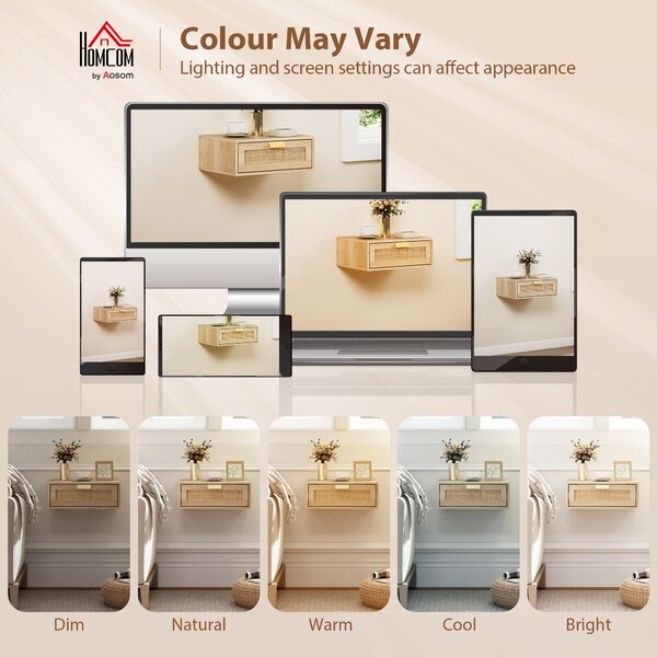 HOMCOM Set di 2 comodini da parete, comodini sospesi con cassetto effetto rattan, 40 x 30 x 15 cm, rovere | Aosom Italy