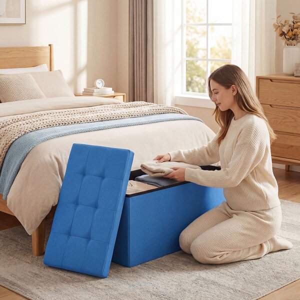 HOMCOM Pouf Contenitore, Panca Contenitore Pieghevole 84 L 76x38x38 cm Rivestito in Lino Sintetico Azzurro chiaro | Aosom Italy