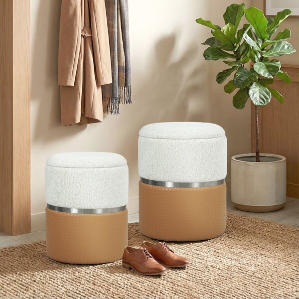 HOMCOM Set da 2 Pouf Contenitore Rivestiti in Ciniglia e PU Seduta Imbottita per Corridoio Camera Marrone e Crema | Aosom Italy