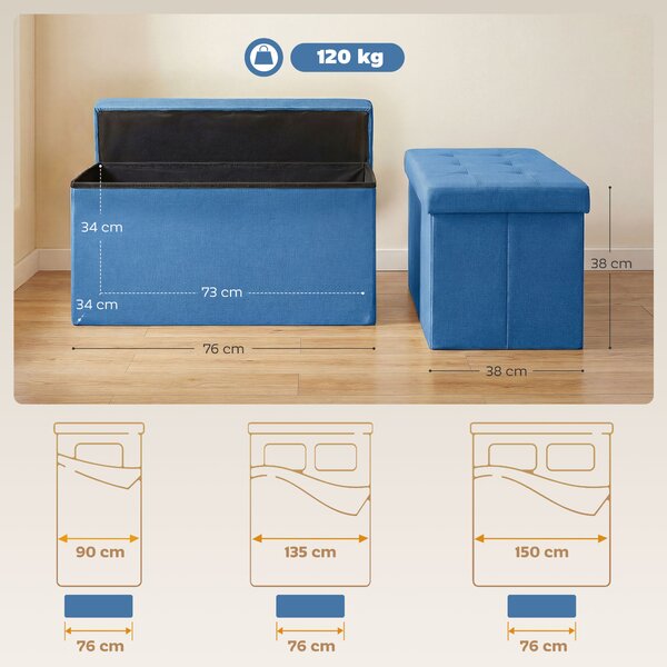 HOMCOM Pouf Contenitore, Panca Contenitore Pieghevole 84 L 76x38x38 cm Rivestito in Lino Sintetico Azzurro chiaro | Aosom Italy