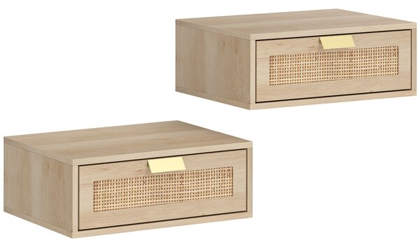 HOMCOM Set di 2 comodini da parete, comodini sospesi con cassetto effetto rattan, 40 x 30 x 15 cm, rovere | Aosom Italy
