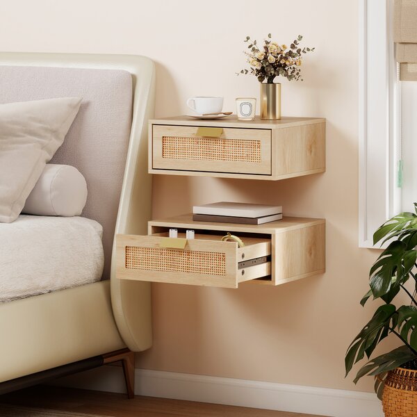 HOMCOM Set di 2 comodini da parete, comodini sospesi con cassetto effetto rattan, 40 x 30 x 15 cm, rovere | Aosom Italy