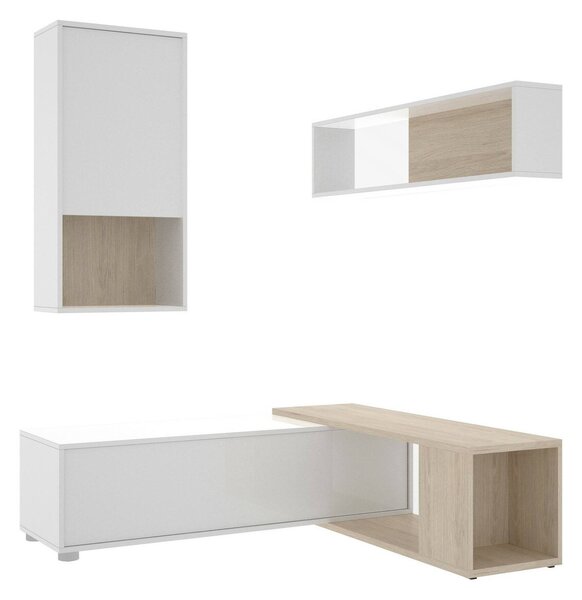 Parete attrezzata modulabile 230cm bianca lucida e rovere - Fortuna