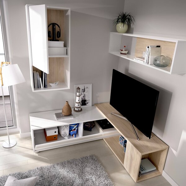 Parete attrezzata modulabile 230cm bianca lucida e rovere - Fortuna