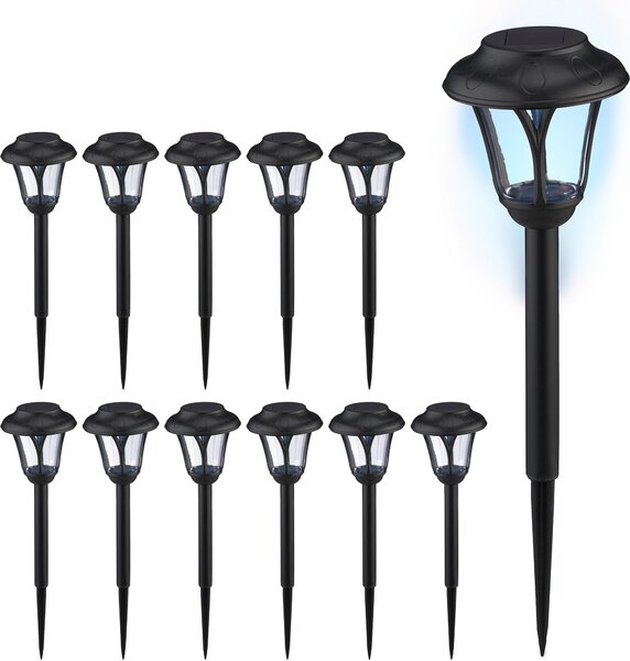 Set da 12 lampade solari Relaxdays, lampada solare a LED con picchetto, dimensioni: 39 x 11 cm, illuminazione da giardino moderna, per esterni, nero