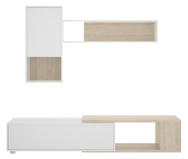 Parete attrezzata modulabile 230cm bianca lucida e rovere - Fortuna