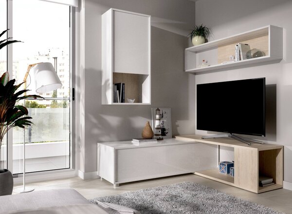 Parete attrezzata modulabile 230cm bianca lucida e rovere - Fortuna