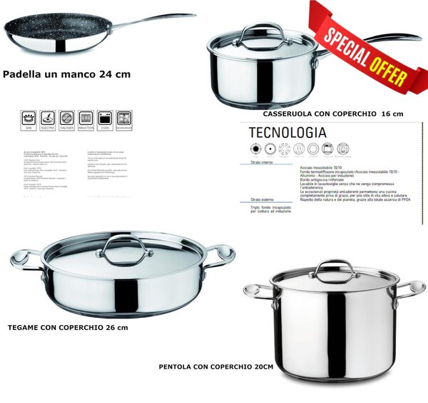 Batteria di Pentole Triplo fondo ad Induzione 7 pezzi GLAMOUR STONE in acciaio inox 18/10