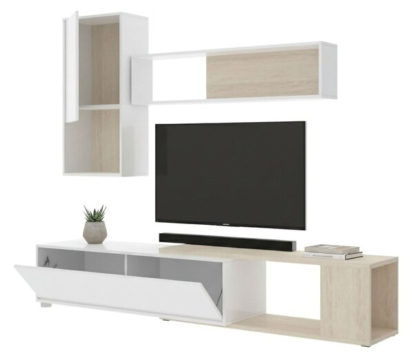Parete attrezzata modulabile 230cm bianca lucida e rovere - Fortuna