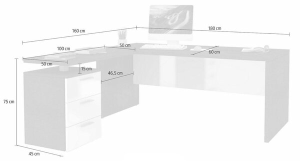 Scrivania angolare bianca lucida 180x60cm da ufficio - Ascuby