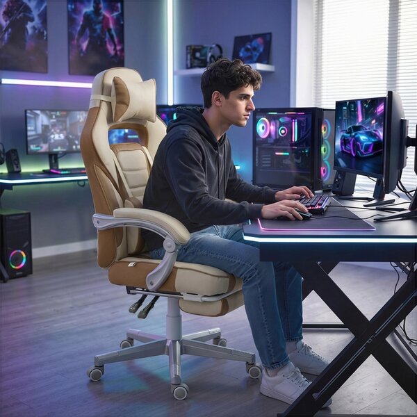 HOMCOM Sedia Gamer Reclinabile con Altezza Regolabile Poggiapiedi Estraibile Supporto Lombare e Poggiatesta Rimovibile Crema | Aosom Italy