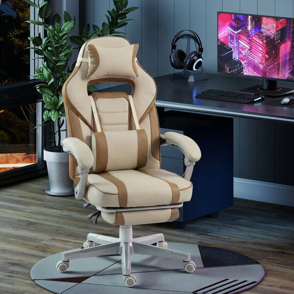 HOMCOM Sedia Gamer Reclinabile con Altezza Regolabile Poggiapiedi Estraibile Supporto Lombare e Poggiatesta Rimovibile Crema | Aosom Italy