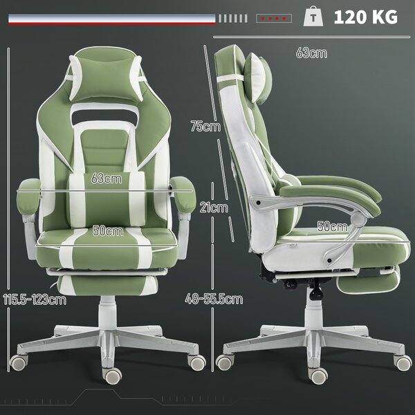 HOMCOM Sedia Gamer Reclinabile con Altezza Regolabile Poggiapiedi Estraibile Supporto Lombare e Poggiatesta Rimovibile Verde | Aosom Italy