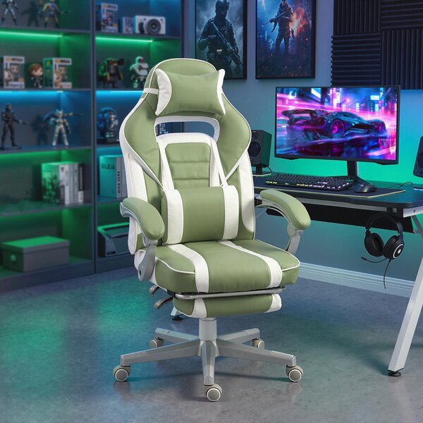 HOMCOM Sedia Gamer Reclinabile con Altezza Regolabile Poggiapiedi Estraibile Supporto Lombare e Poggiatesta Rimovibile Verde | Aosom Italy