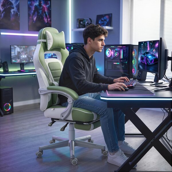 HOMCOM Sedia Gamer Reclinabile con Altezza Regolabile Poggiapiedi Estraibile Supporto Lombare e Poggiatesta Rimovibile Verde | Aosom Italy