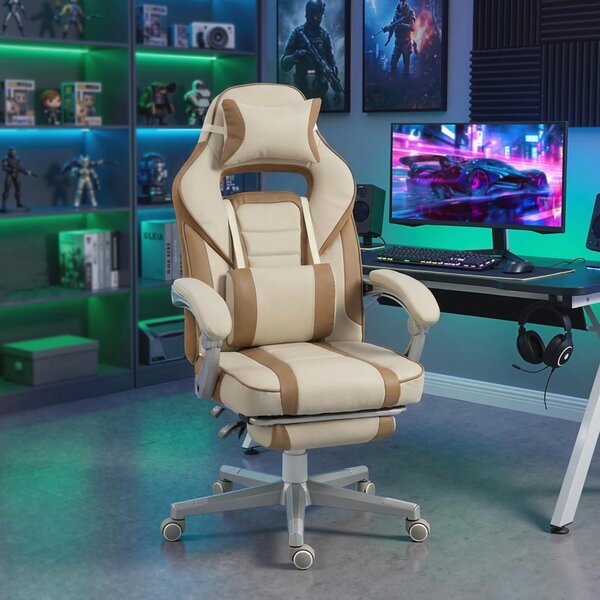 HOMCOM Sedia Gamer Reclinabile con Altezza Regolabile Poggiapiedi Estraibile Supporto Lombare e Poggiatesta Rimovibile Crema | Aosom Italy
