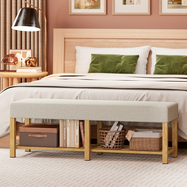 HOMCOM Panca Portascarpe con Seduta Imbottita 2 Persone Scaffale Aperto Struttura in Legno 140x44x48 cm Crema e Legno Naturale | Aosom Italy