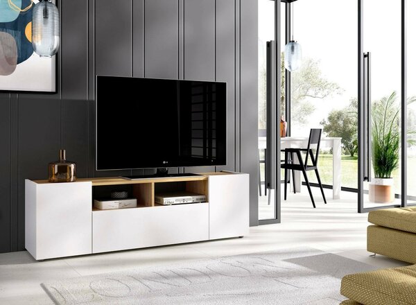 Mobile TV bianco e rovere nodi 141x34x43h cm 3 ante - Vulcano