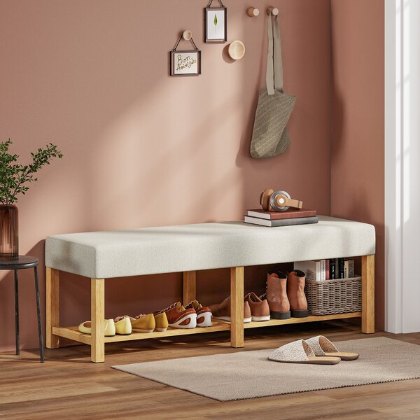 HOMCOM Panca Portascarpe con Seduta Imbottita 2 Persone Scaffale Aperto Struttura in Legno 140x44x48 cm Crema e Legno Naturale | Aosom Italy