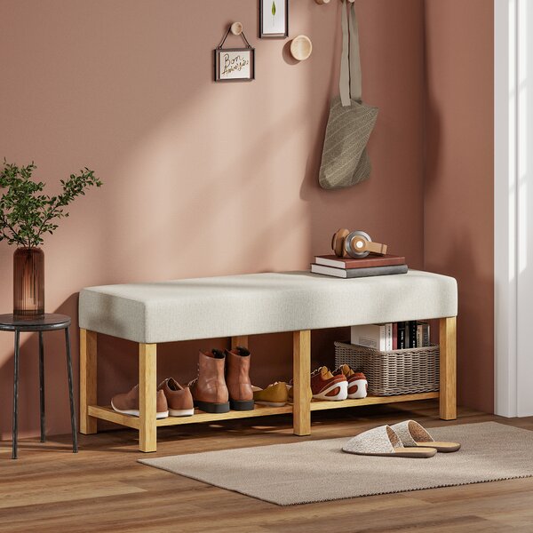HOMCOM Panca portascarpe, panca contenitore con seduta imbottita, scaffale aperto, legno di hevea, 120x44x48 cm, legno naturale | Aosom Italy