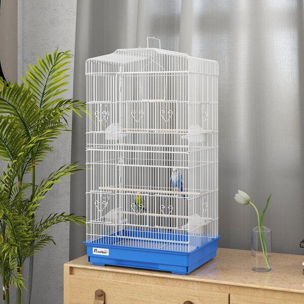 PawHut Gabbia per Uccelli Voliera in Metallo con 4 Mangiatoie, 3 Posatoi, Altalena e Vassoio Estraibile, Maniglia, 46,5x35,5x92 cm, Blu | Aosom Italy