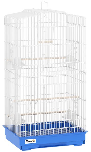 PawHut Gabbia per Uccelli Voliera in Metallo con 4 Mangiatoie, 3 Posatoi, Altalena e Vassoio Estraibile, Maniglia, 46,5x35,5x92 cm, Blu | Aosom Italy