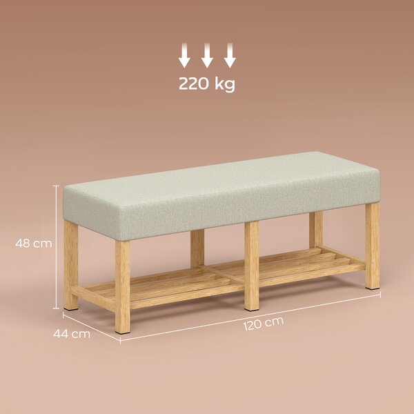 HOMCOM Panca portascarpe, panca contenitore con seduta imbottita, scaffale aperto, legno di hevea, 120x44x48 cm, legno naturale | Aosom Italy