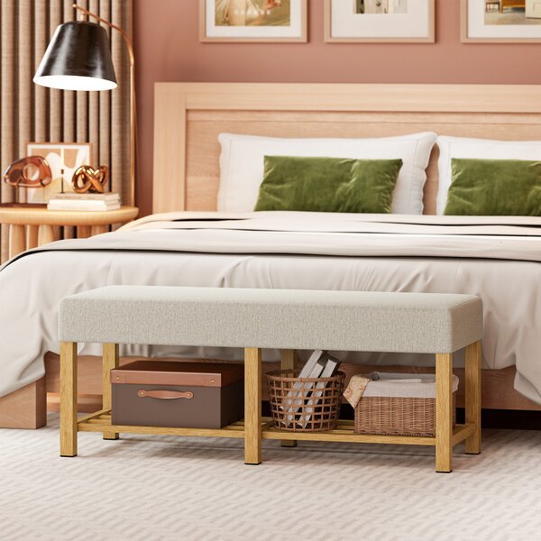 HOMCOM Panca portascarpe, panca contenitore con seduta imbottita, scaffale aperto, legno di hevea, 120x44x48 cm, legno naturale | Aosom Italy